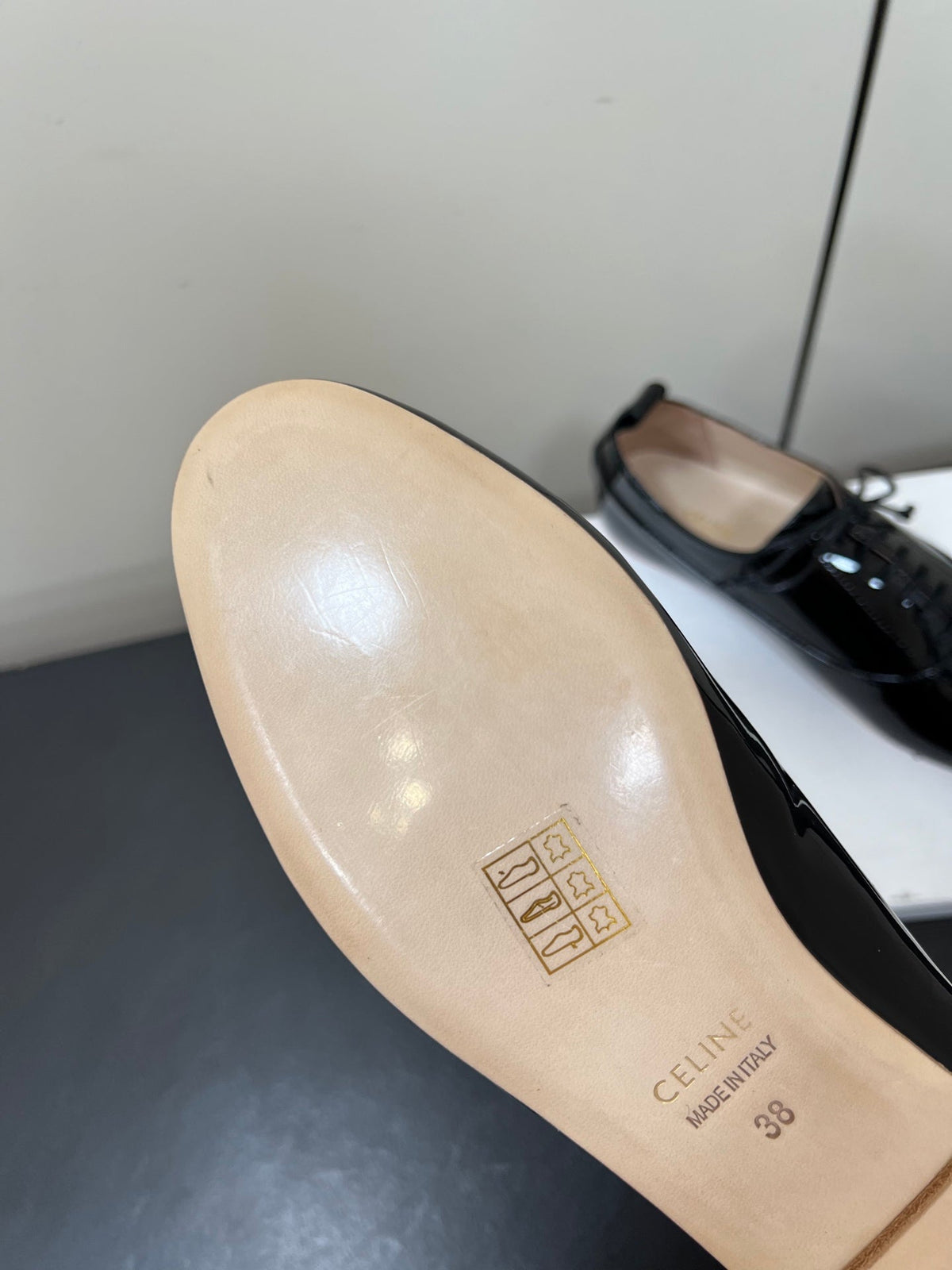 Celine 25 Lise Perforated Triomphe Richelieu Shoe Black Patent Leather 619644