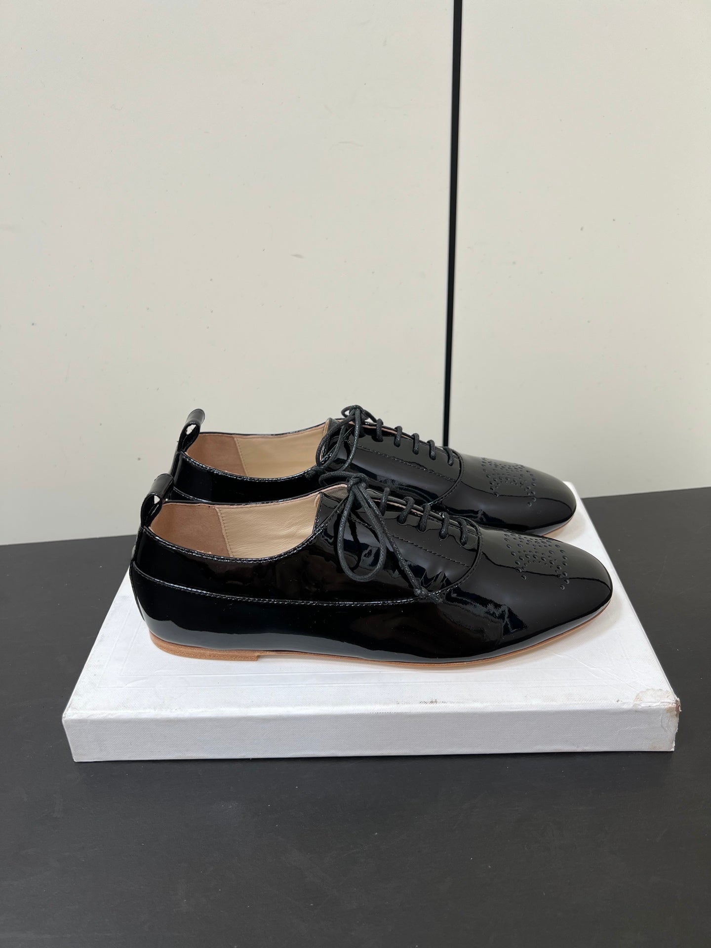 Celine 25 Lise Perforated Triomphe Richelieu Shoe Black Patent Leather 619644
