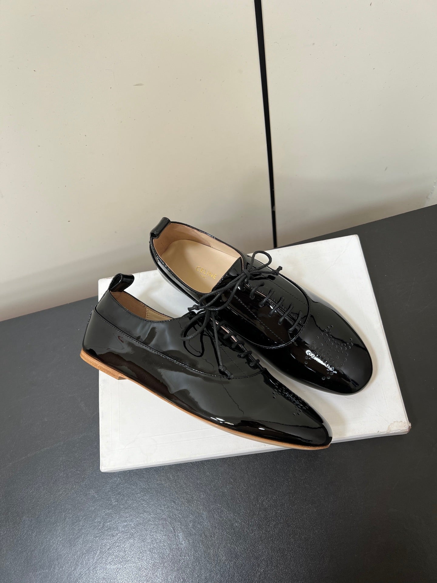 Celine 25 Lise Perforated Triomphe Richelieu Shoe Black Patent Leather 619644