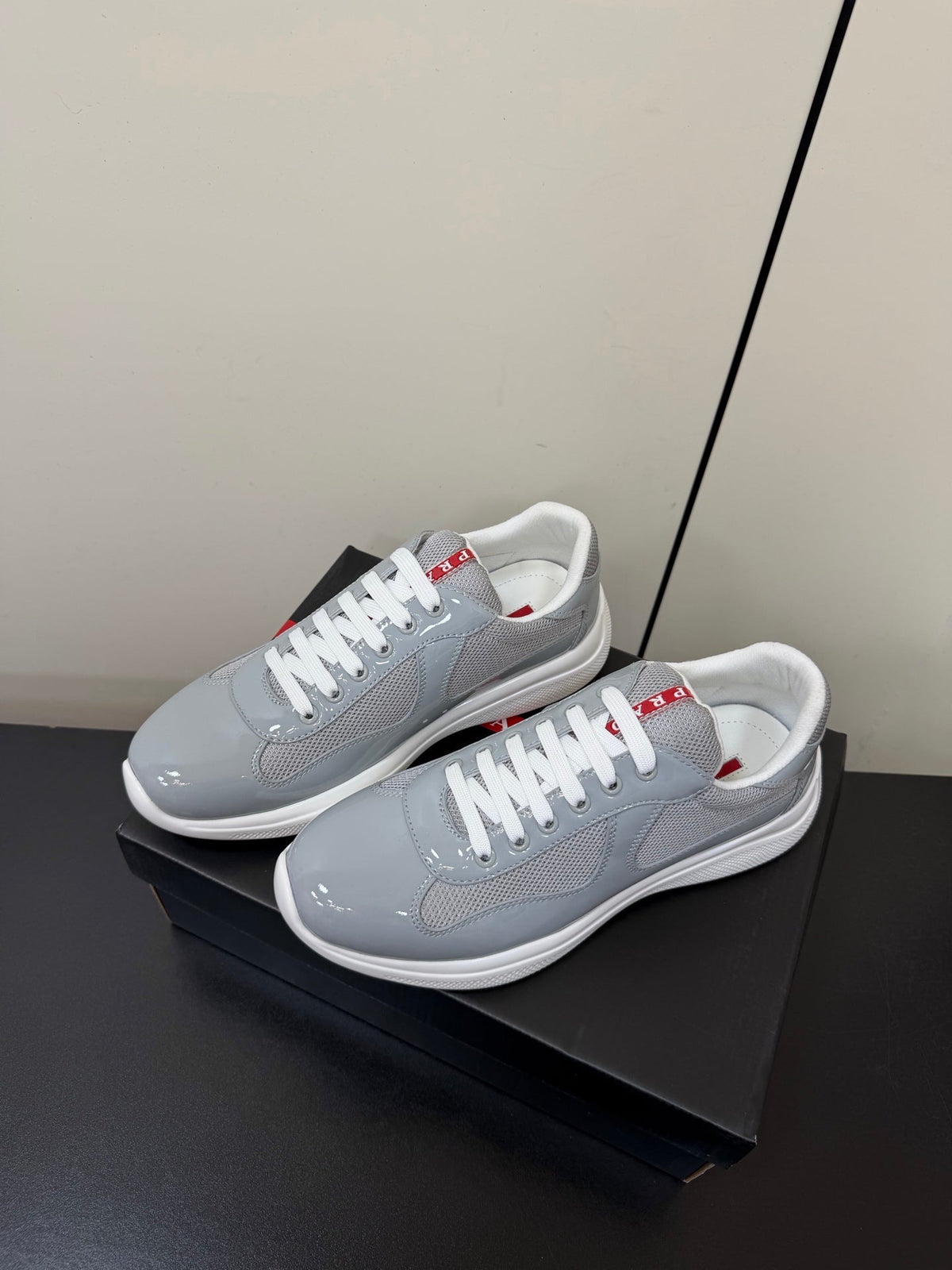 Prada America's Cup Sneaker  Grey White Patent Leather Mesh 618927