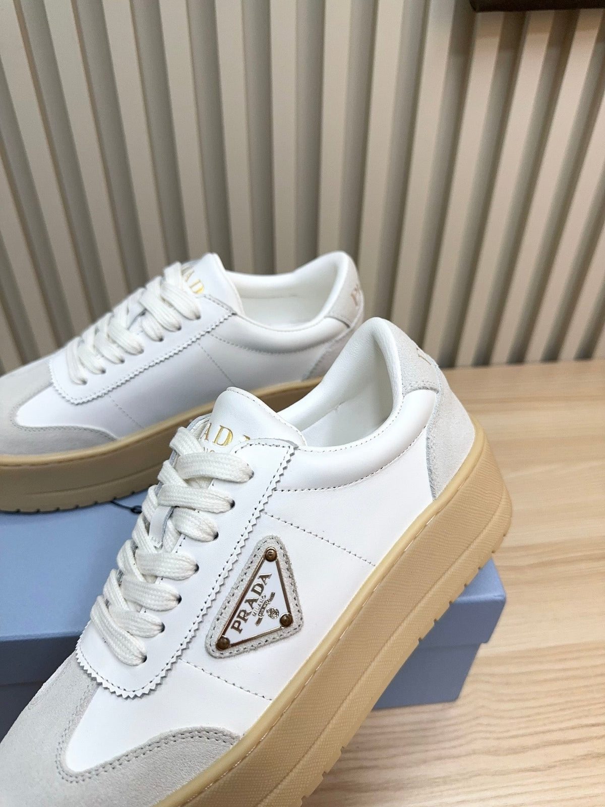 Prada Downtown Bold Light Grey White Nappa Leather & Suede 564144