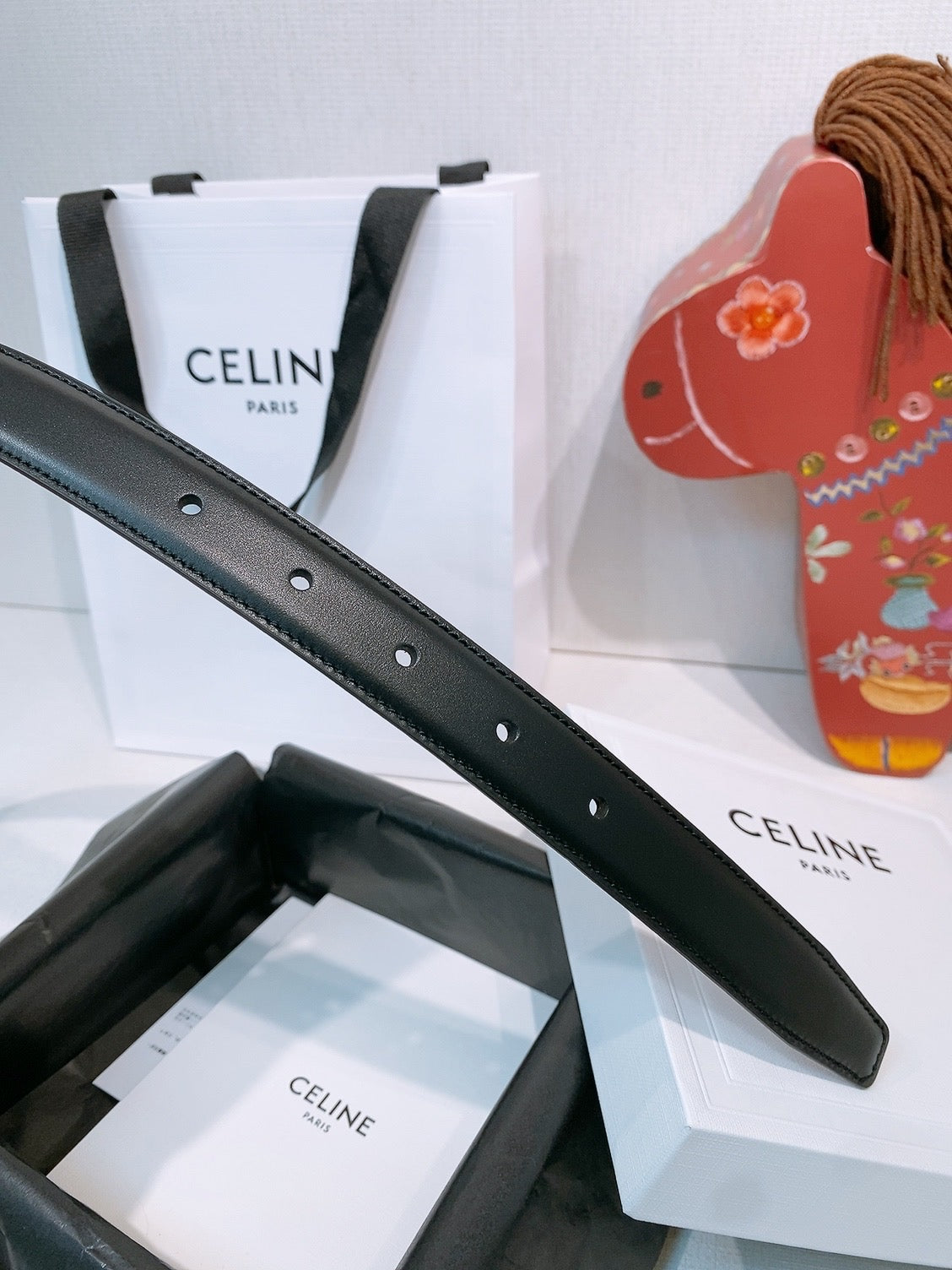 Celine Triomphe Oval Belt 2.5cm Black Sliver Calfskin 203772