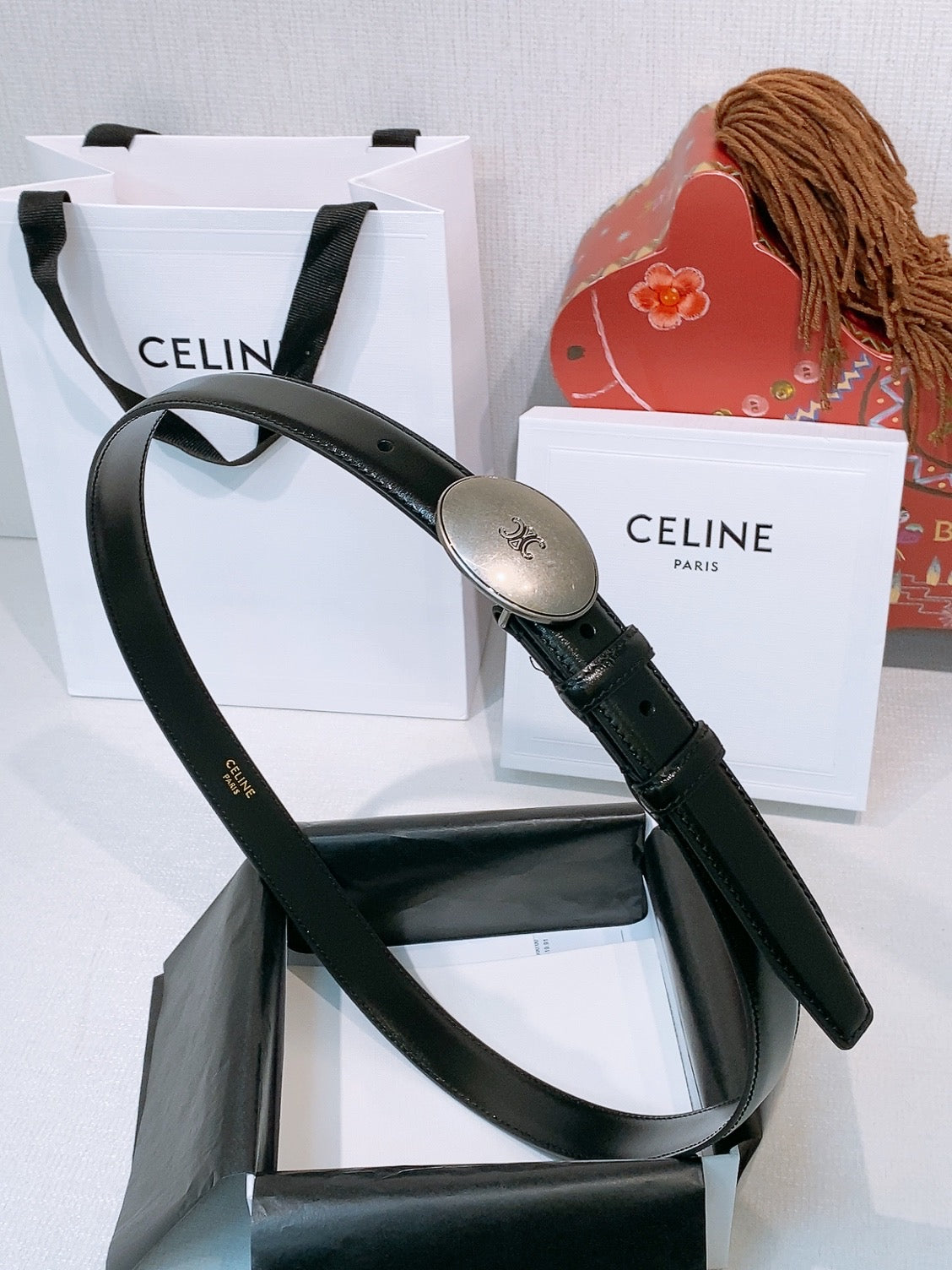 Celine Triomphe Oval Belt 2.5cm Black Sliver Calfskin 203772