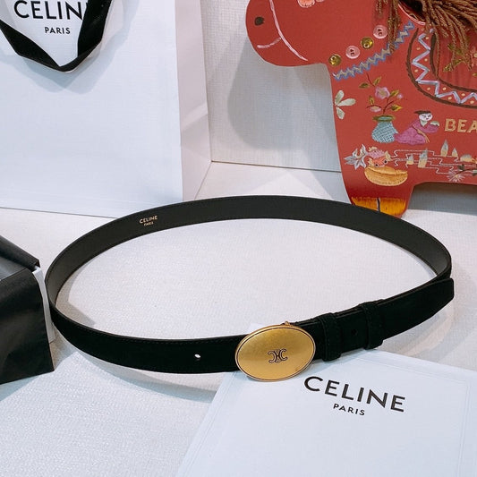 Celine Triomphe Oval Belt 2.5cm Black Gold Calfskin 203766