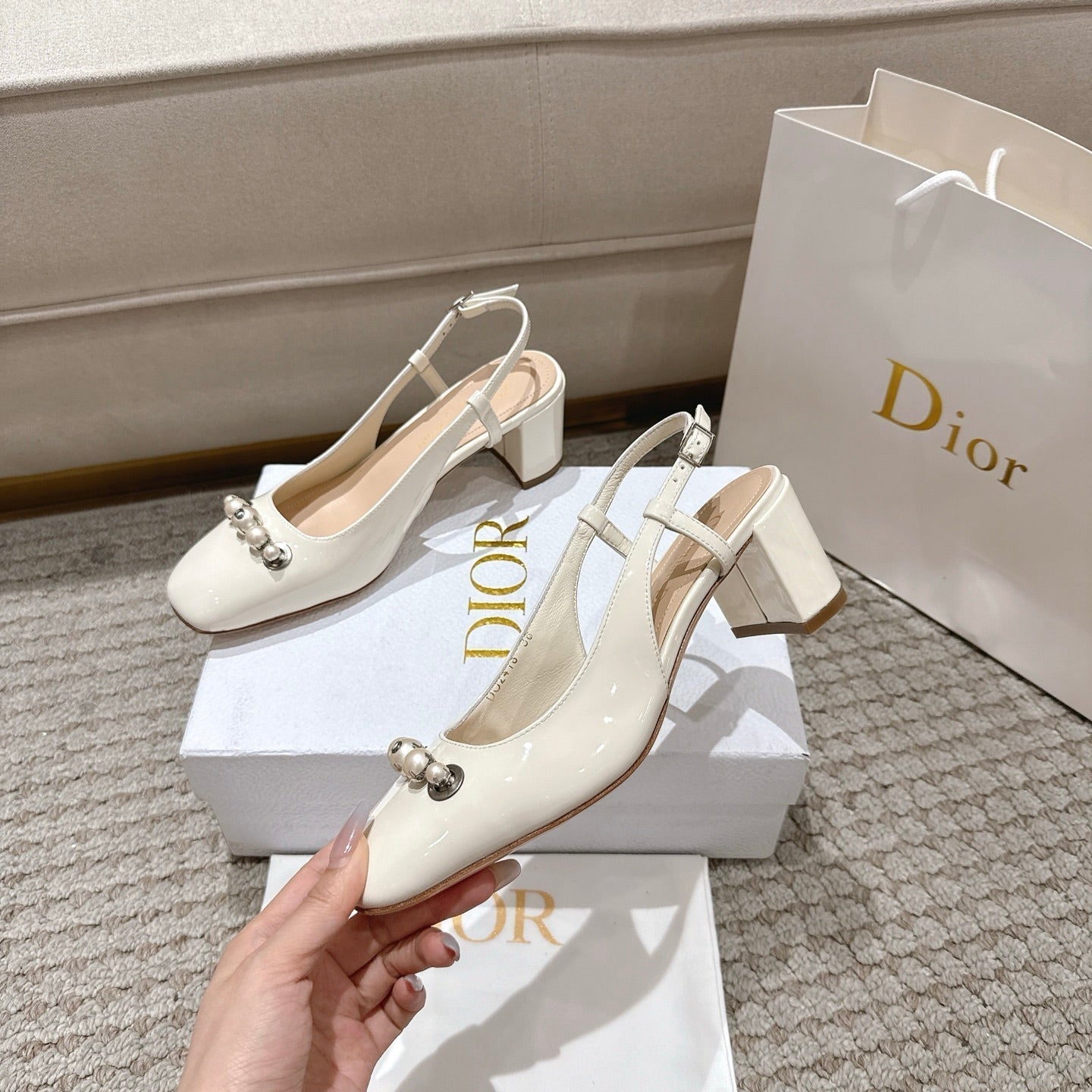 CD 25 slingback white pearls patent leather 396120