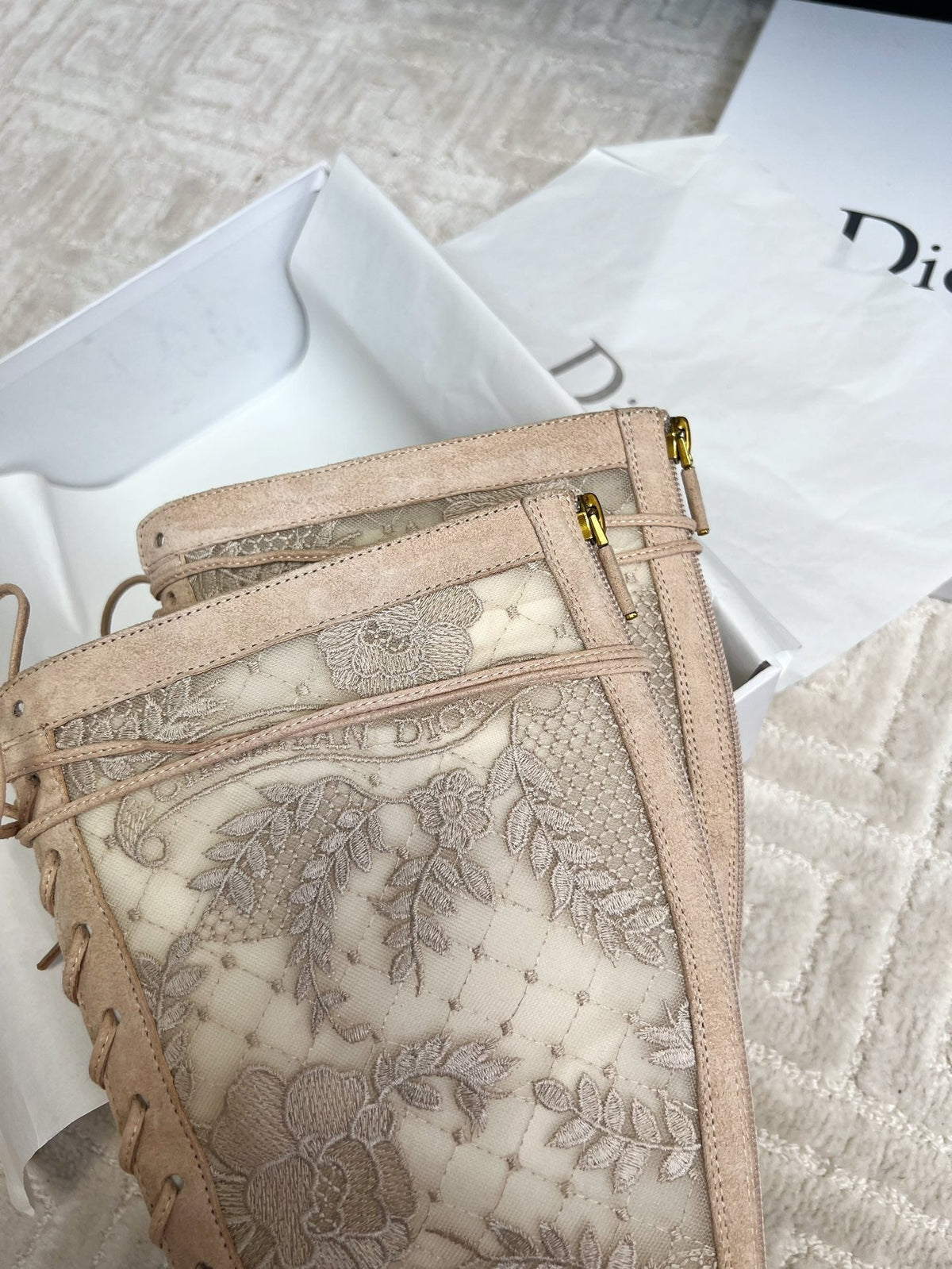 CD Naughtily-D Heeled High Boots Beige Transparent Mesh Roses Embroidery And Suede