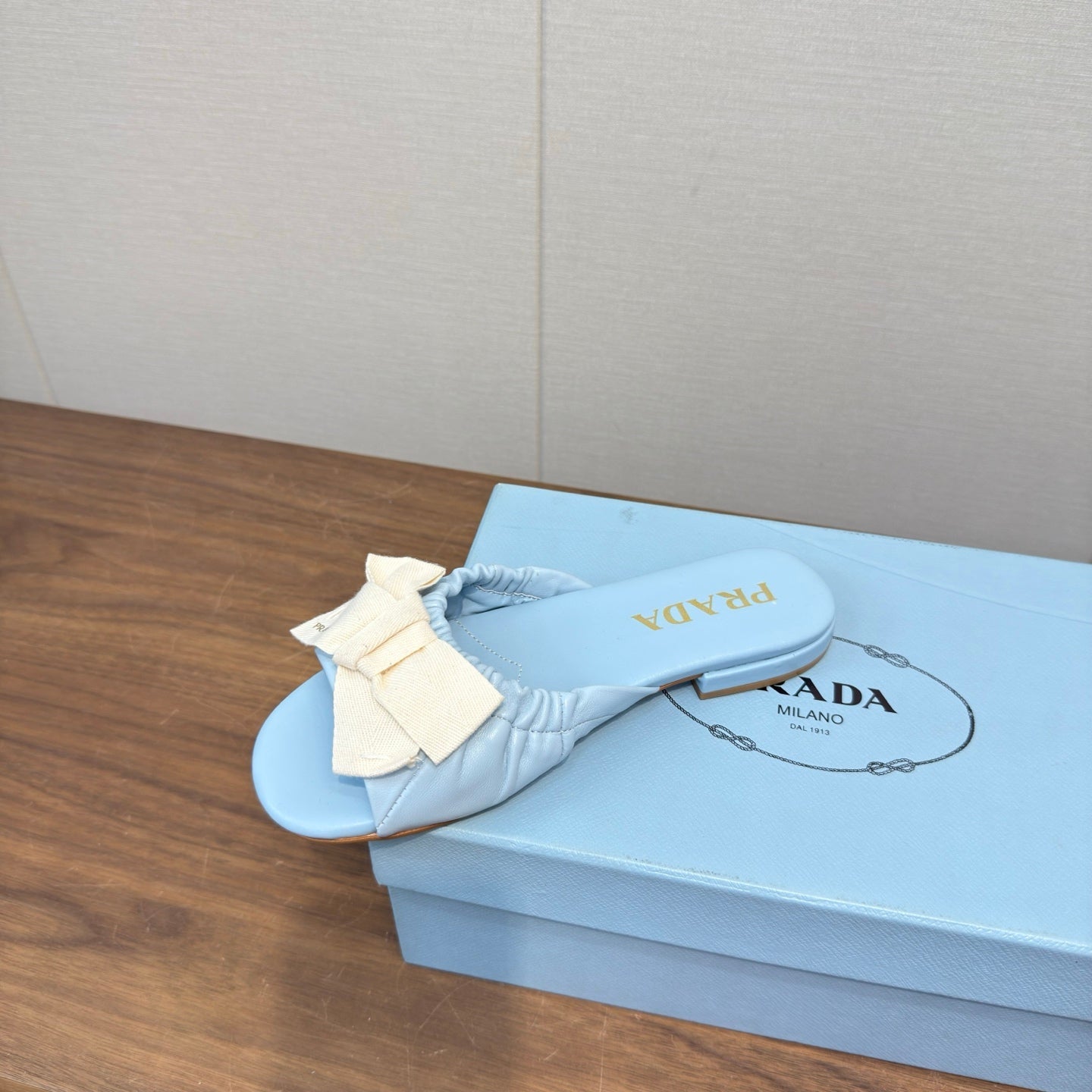 Prada Bow Slide Sandals White Blue Sheepskin 836555