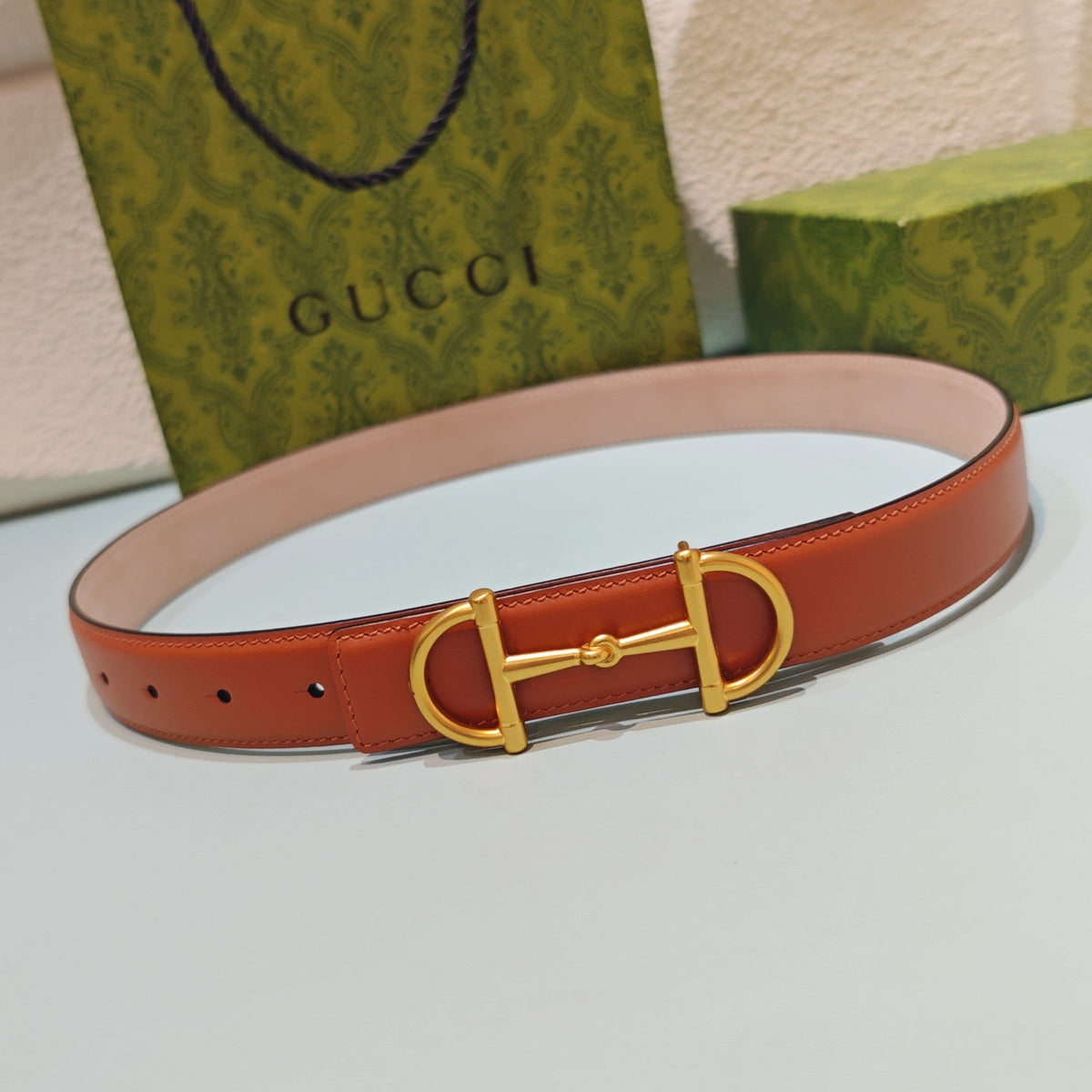 GG 3.0 Horsebit-Detailed Belt Red-Brown Gold Smooth Leather 200190