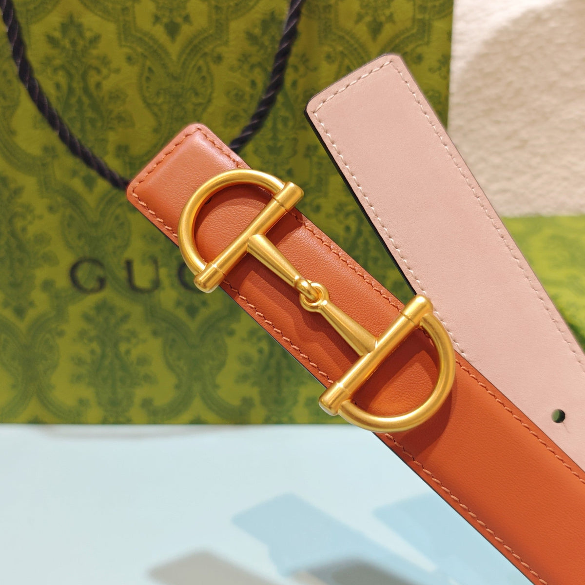 GG 3.0 Horsebit-Detailed Belt Red-Brown Gold Smooth Leather 200190