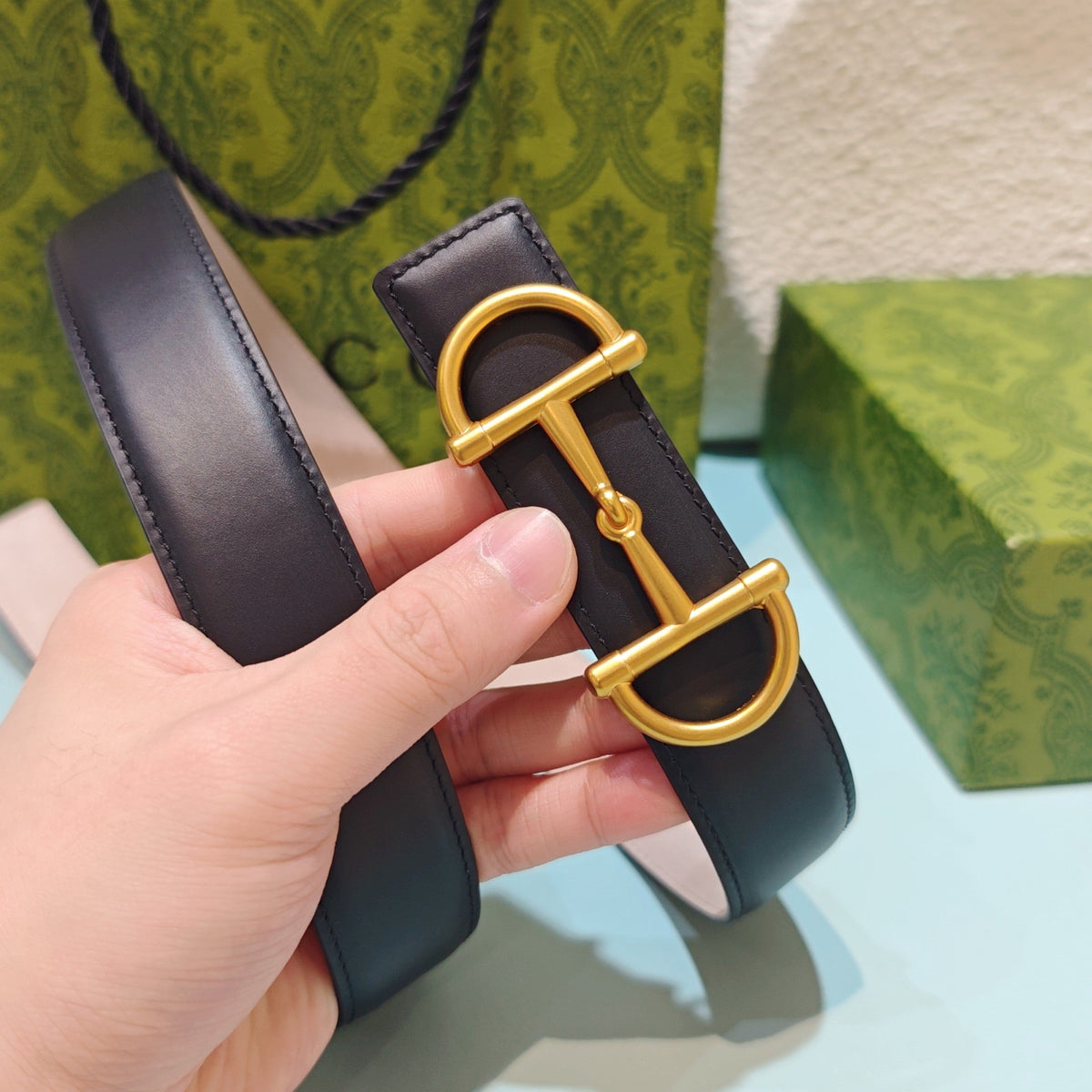 GG 3.0 Horsebit-Detailed Belt Black Gold Smooth Leather 200188