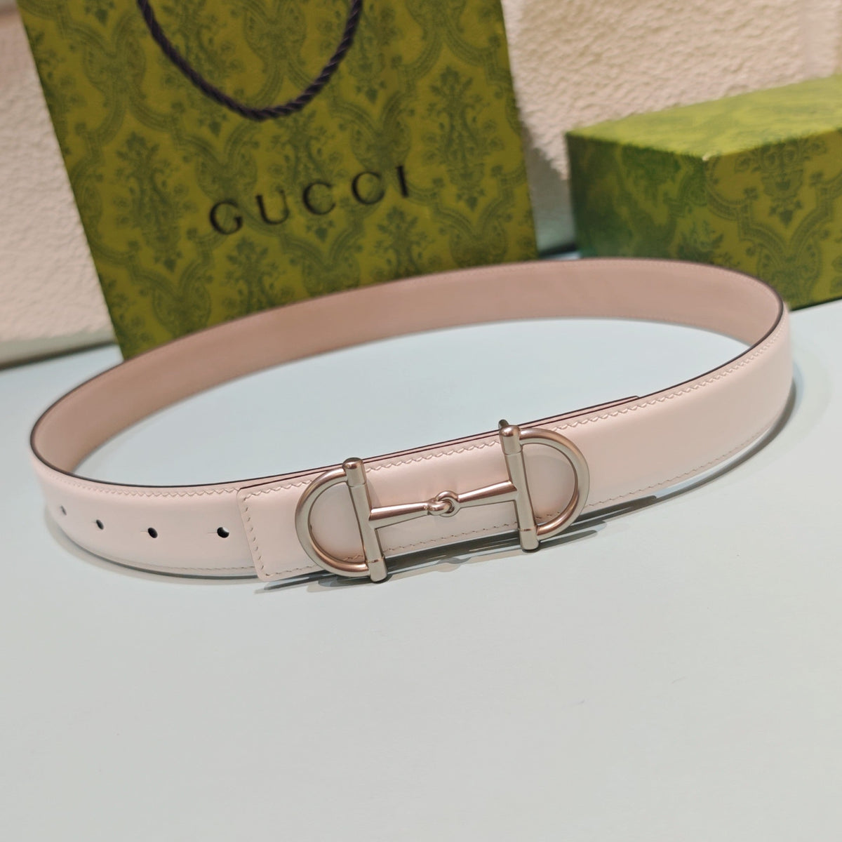 GG 3.0 Horsebit-Detailed Belt White Sliver Smooth Leather 200187