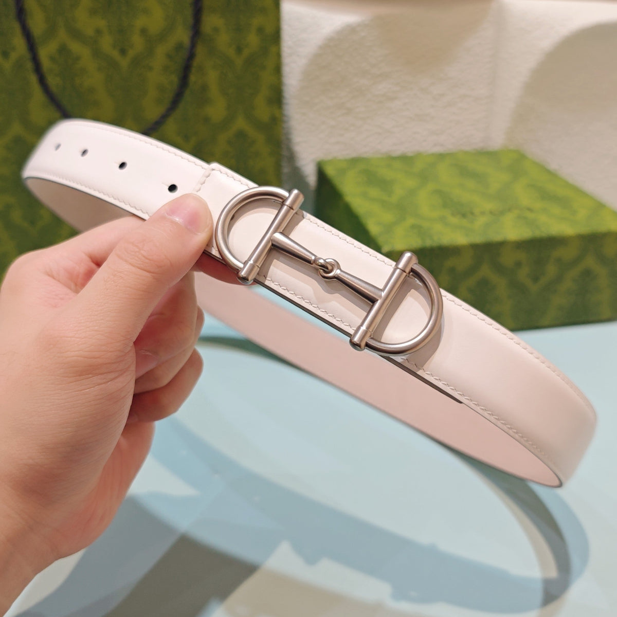 GG 3.0 Horsebit-Detailed Belt White Sliver Smooth Leather 200187