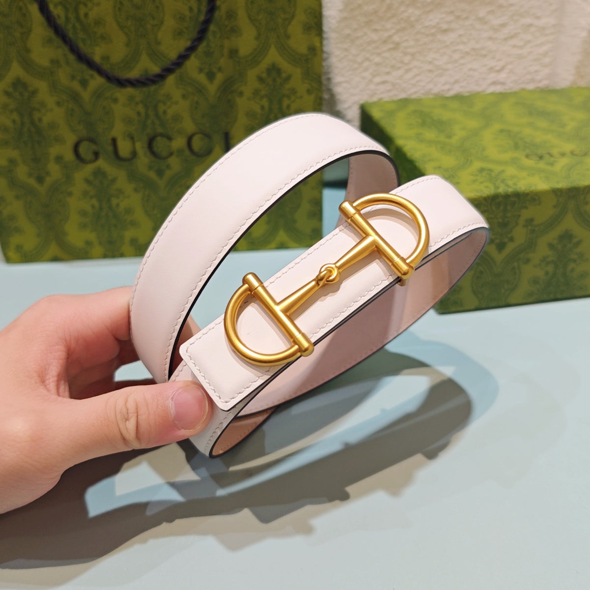GG 3.0 Horsebit-Detailed Belt White Gold Smooth Leather 200186