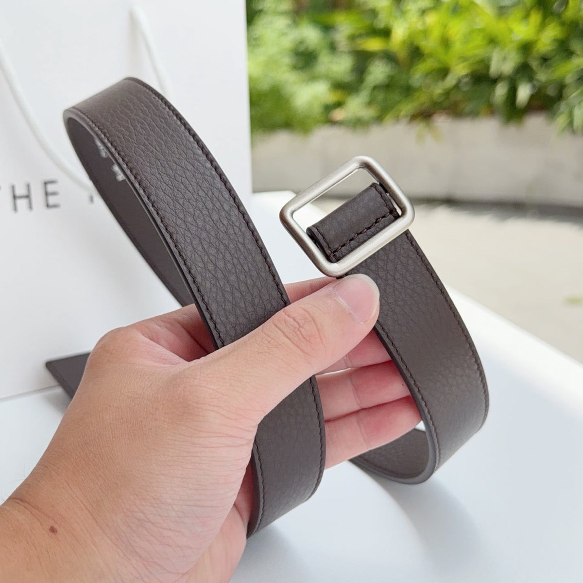 The Row Jin Belt 3cm Chocolate Sliver Cowhide 211140