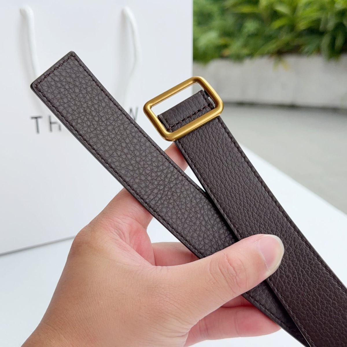 The Row Jin Belt 3cm Chocolate Gold Cowhide 211141