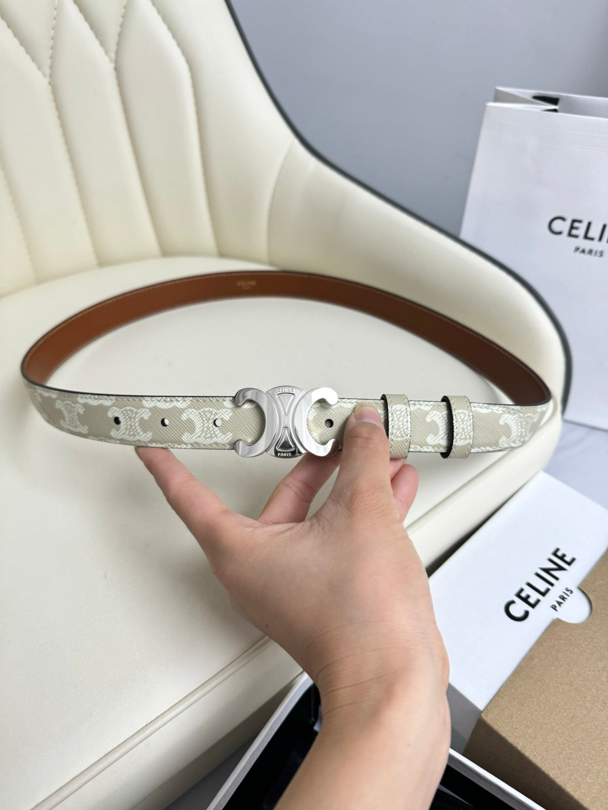 CEL Silver 25mm Triomphe Belt White Beige Canvas 180419