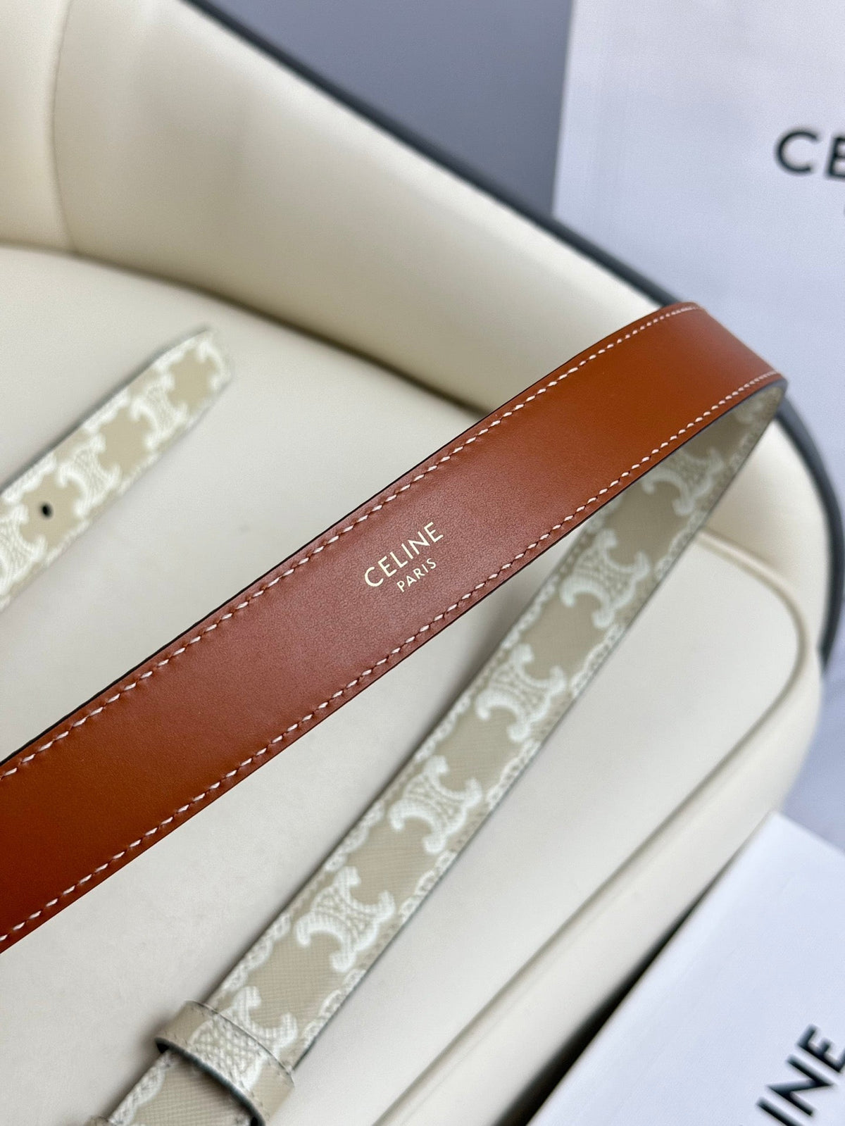 CEL Silver 25mm Triomphe Belt White Beige Canvas 180419