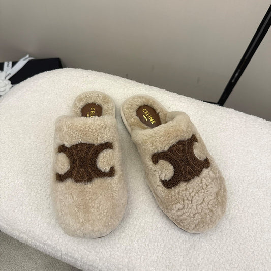 CL Elena Mule in Shearling 10mm Beige Brown Wool 435859