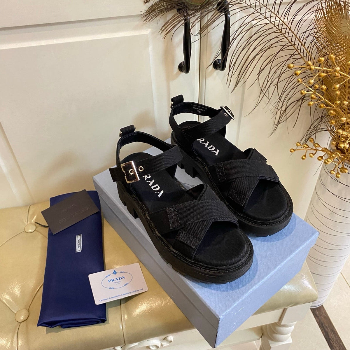 Prada Criss-Cross Sandal Black Canvas 687803