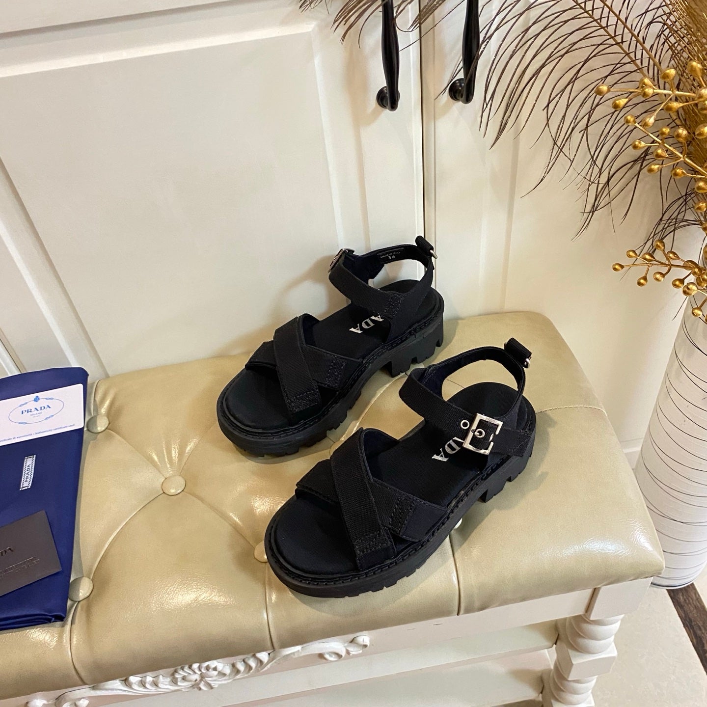 Prada Criss-Cross Sandal Black Canvas 687803