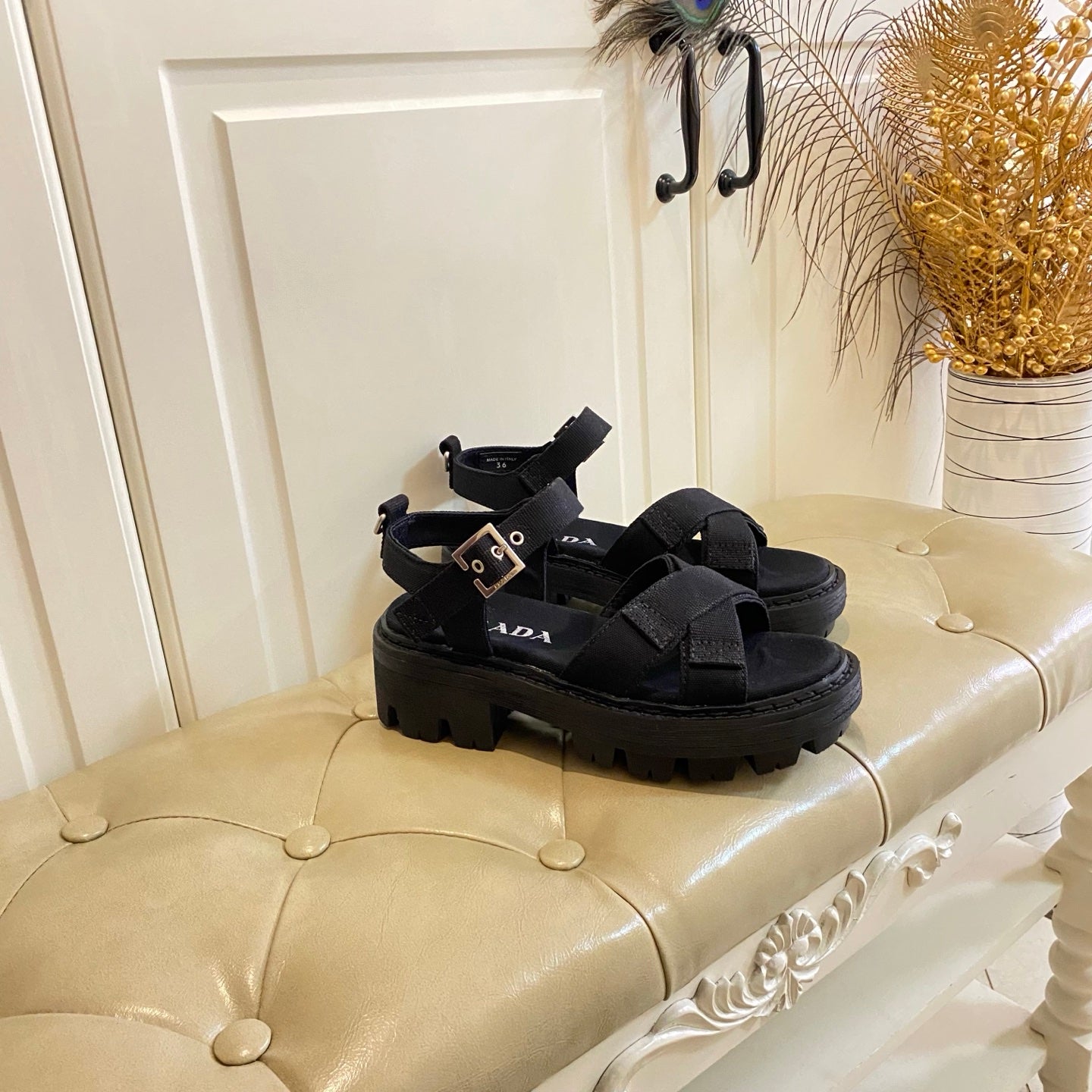 Prada Criss-Cross Sandal Black Canvas 687803