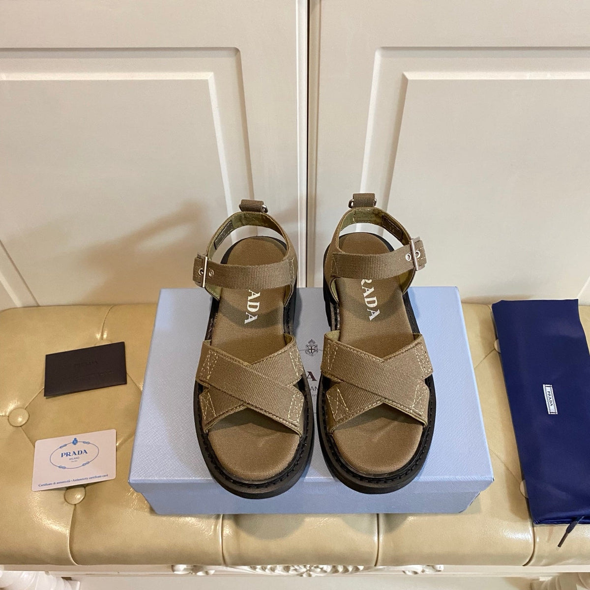 Prada Criss-Cross Sandal Military Green Canvas 687804