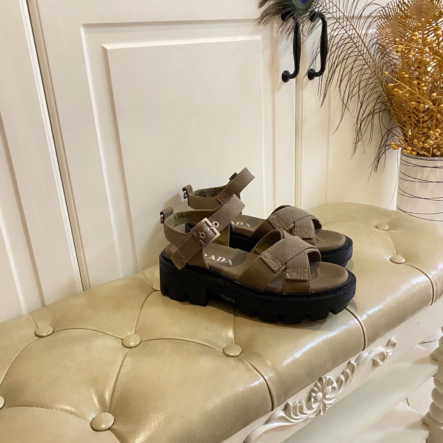 Prada Criss-Cross Sandal Military Green Canvas 687804