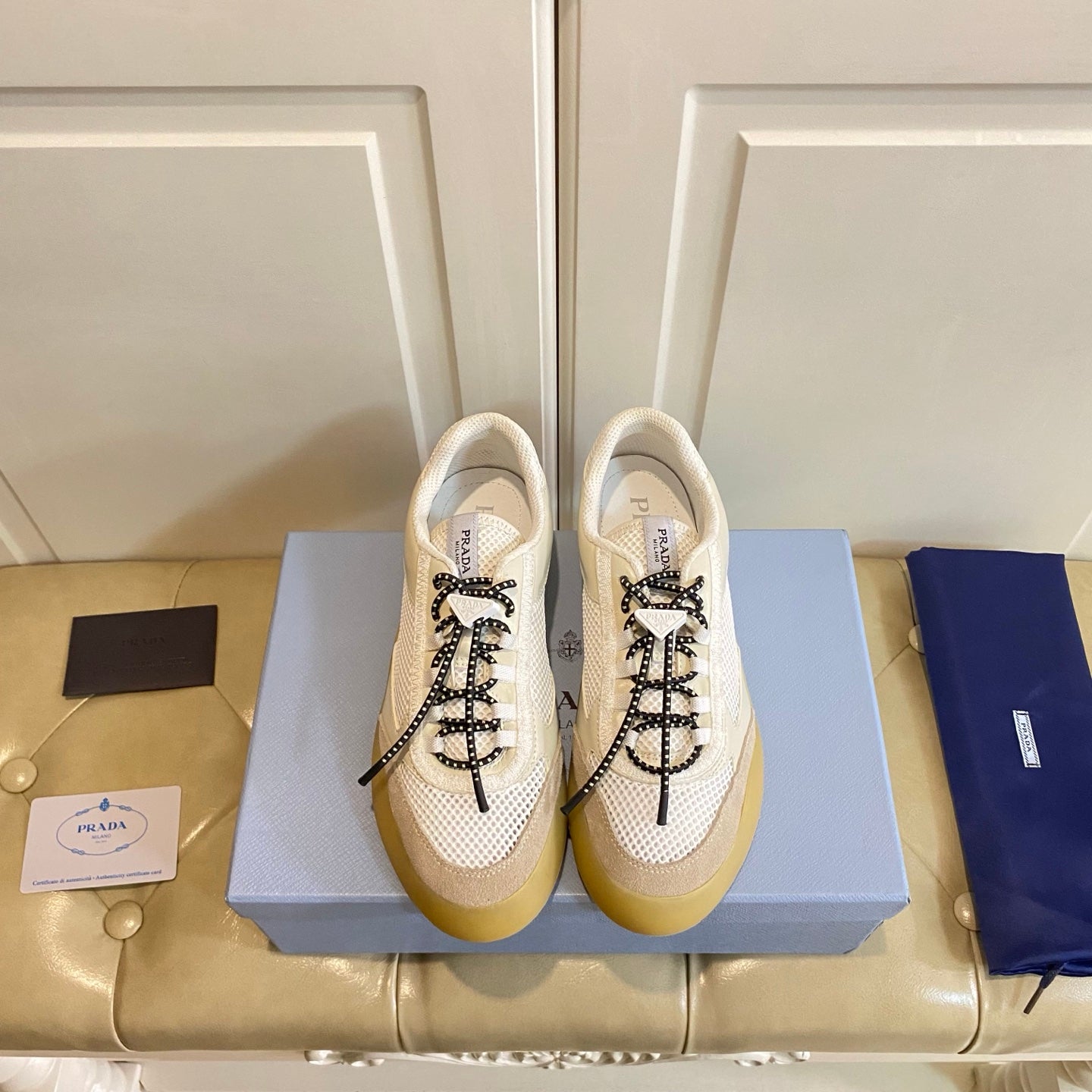 Prada 26s Lace Up Sneakers Chunky Sole In White Tech Fabric And Mesh