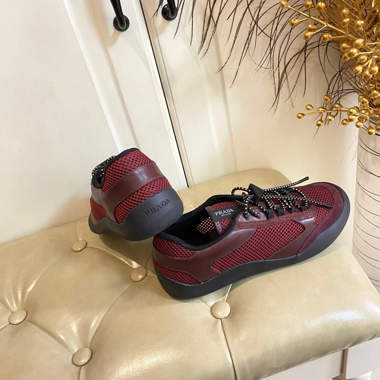 Prada 26s Lace Up Sneakers Chunky Sole In Red Tech Fabric And Mesh