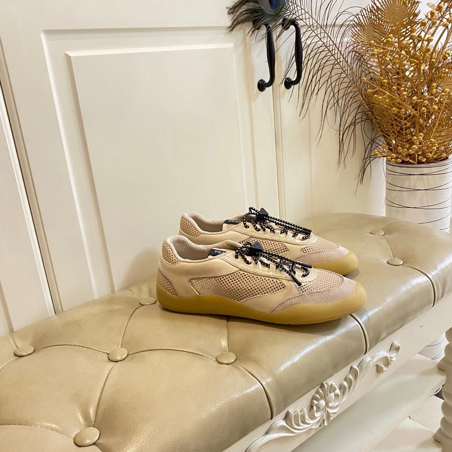Prada 26s Lace Up Sneakers Chunky Sole In Beige Tech Fabric And Mesh