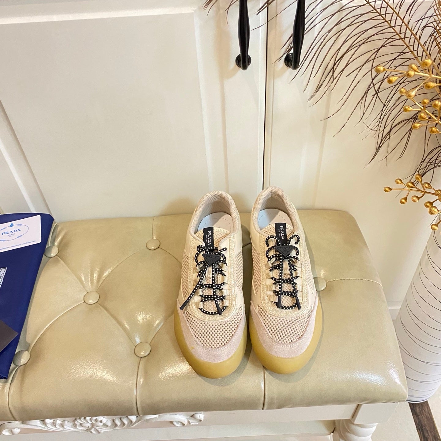 Prada 26s Lace Up Sneakers Chunky Sole In Beige Tech Fabric And Mesh