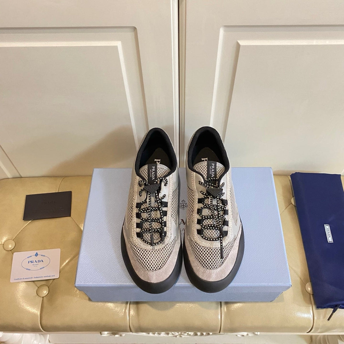 Prada 26s Lace Up Sneakers Chunky Sole In Grey Tech Fabric And Mesh