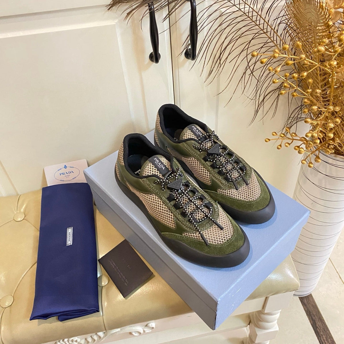 Prada 26s Lace Up Sneakers Chunky Sole In Olive Green Tech Fabric And Mesh
