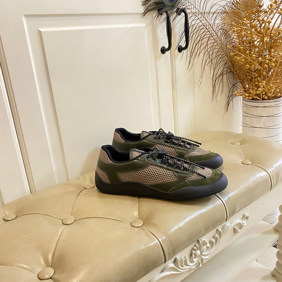 Prada 26s Lace Up Sneakers Chunky Sole In Olive Green Tech Fabric And Mesh