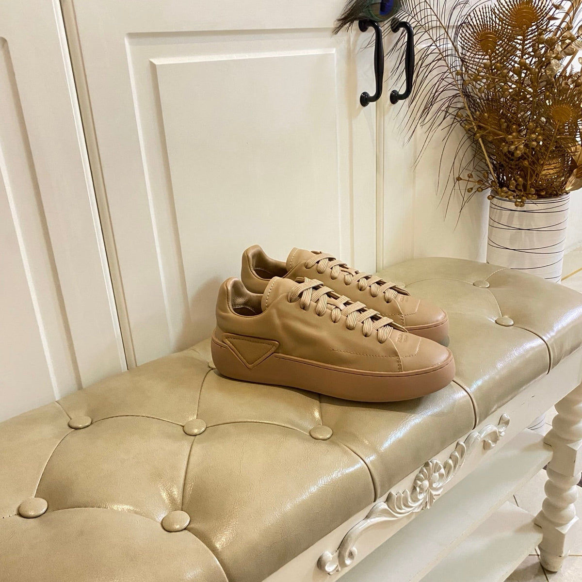 Prada 26s Court Sneakers Full Beige Leather 866068
