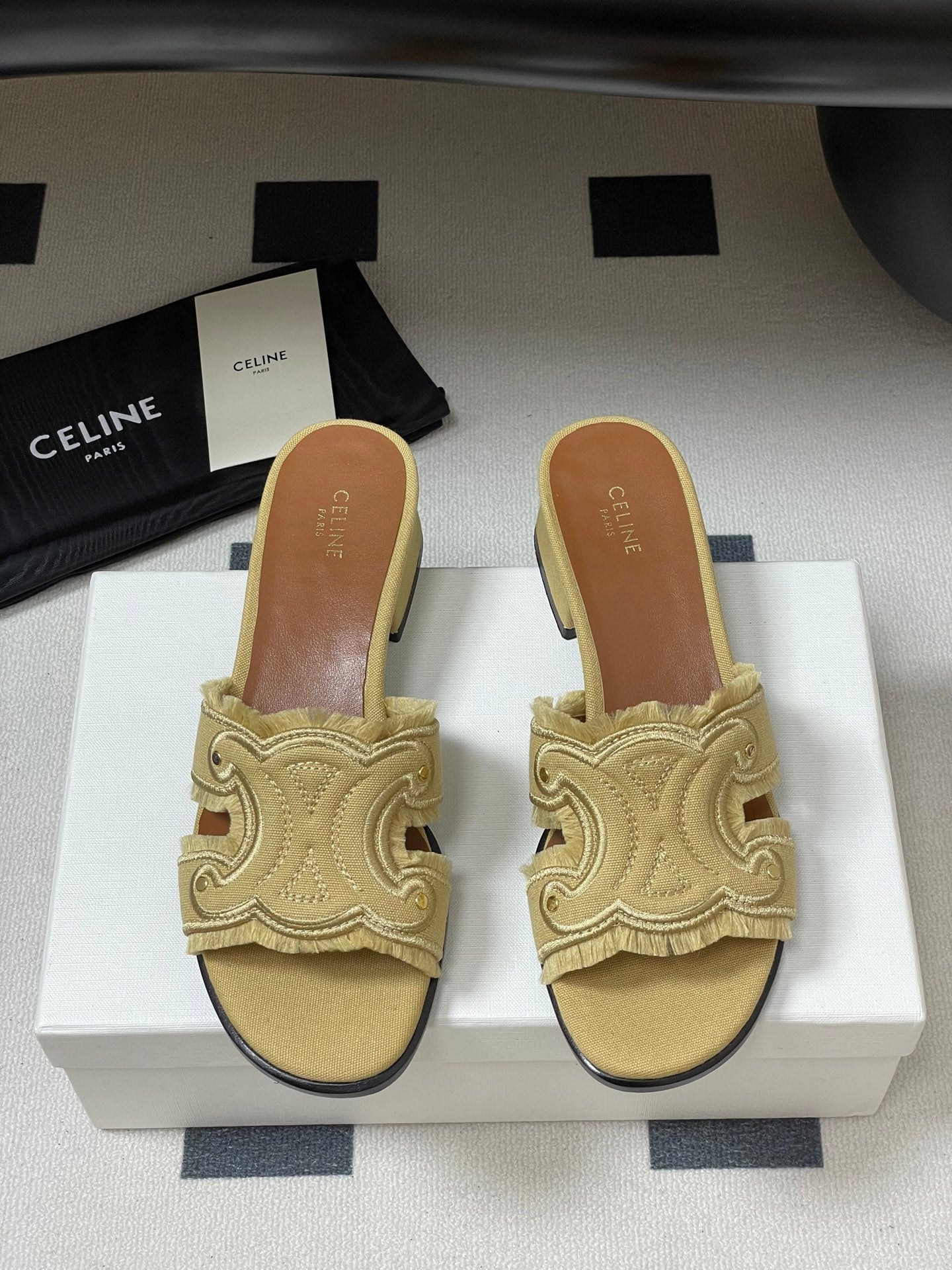 CL Marina Fringed Mule 40mm In Caramel Denim 319737