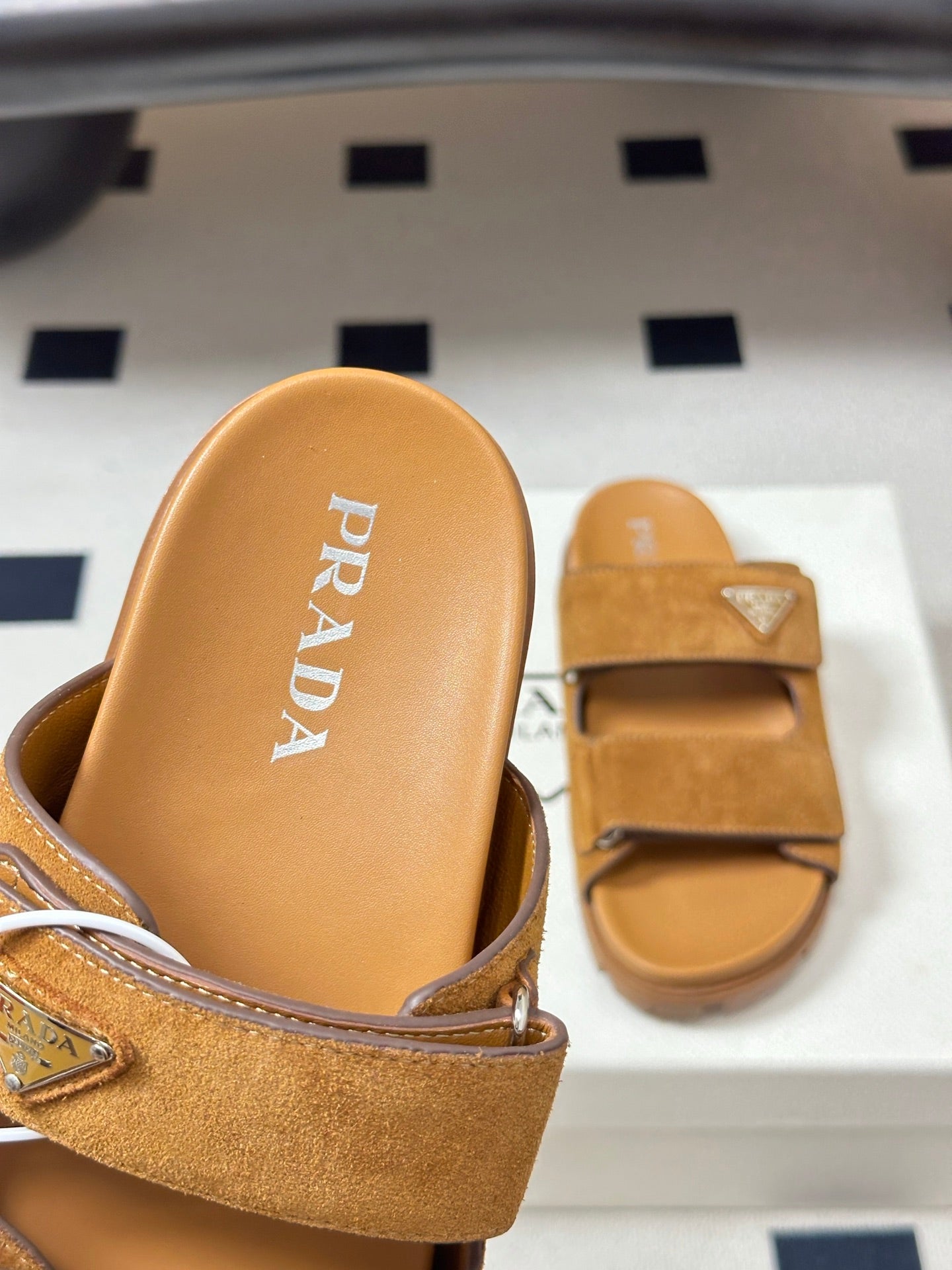 Prada 26s Band Sandals Tan Brown Suede 834766