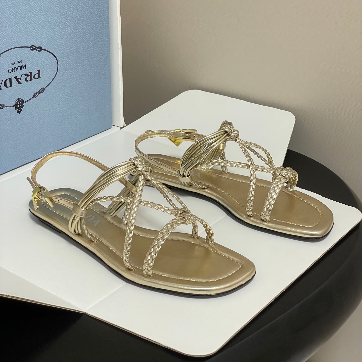 Prada Strappy Flat Sandals Gold Sheepskin 834809