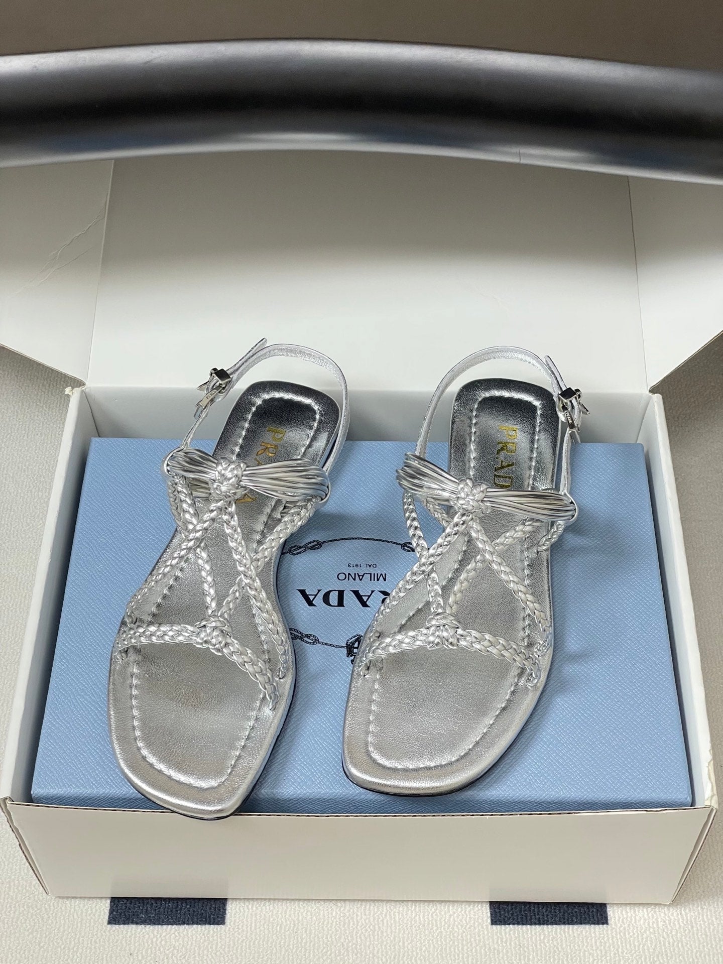 Prada Strappy Flat Sandals Sliver Sheepskin 834810