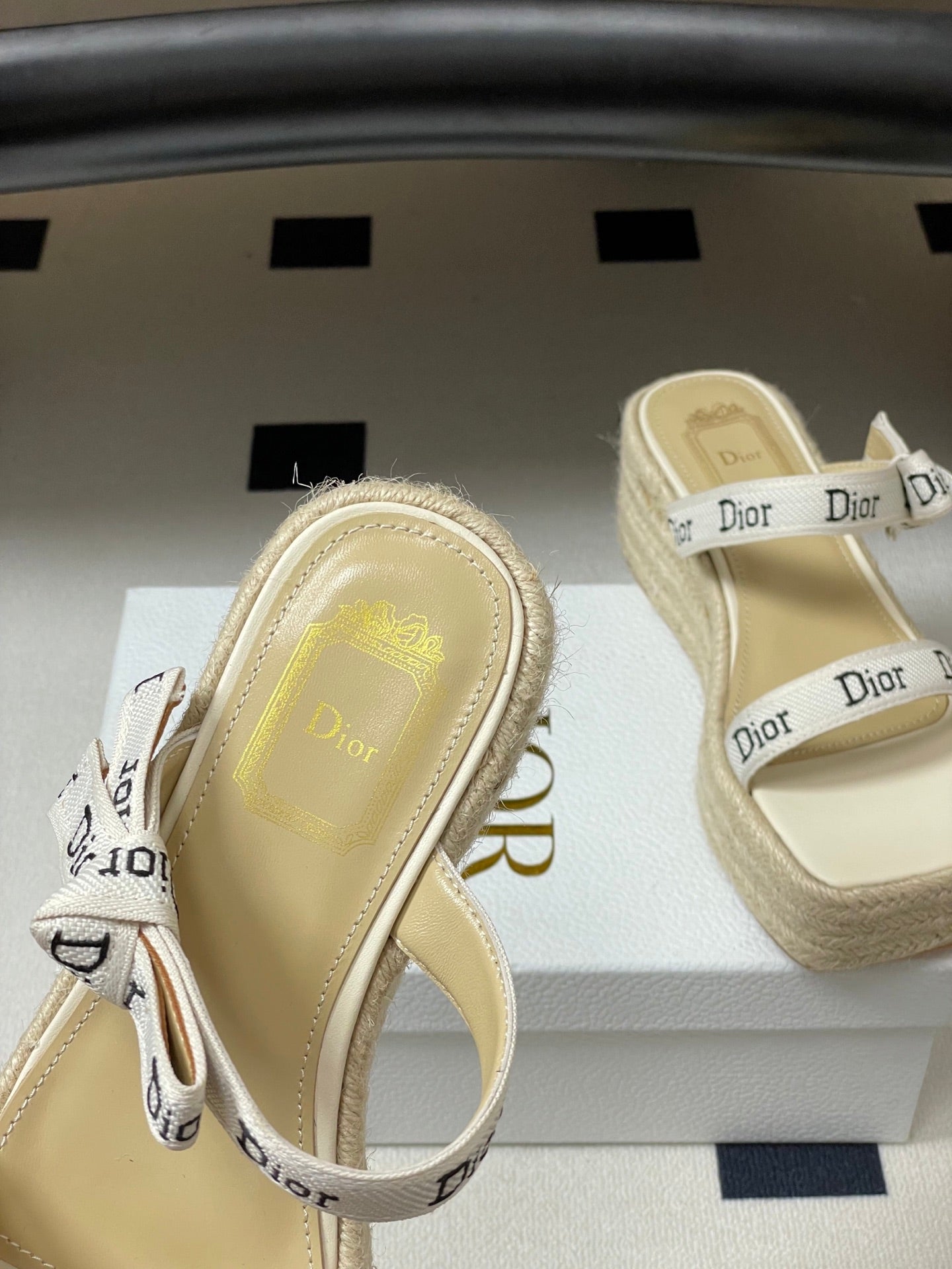 CD J'Adior Wedge Slide Straps Cream Beige Leather 834937