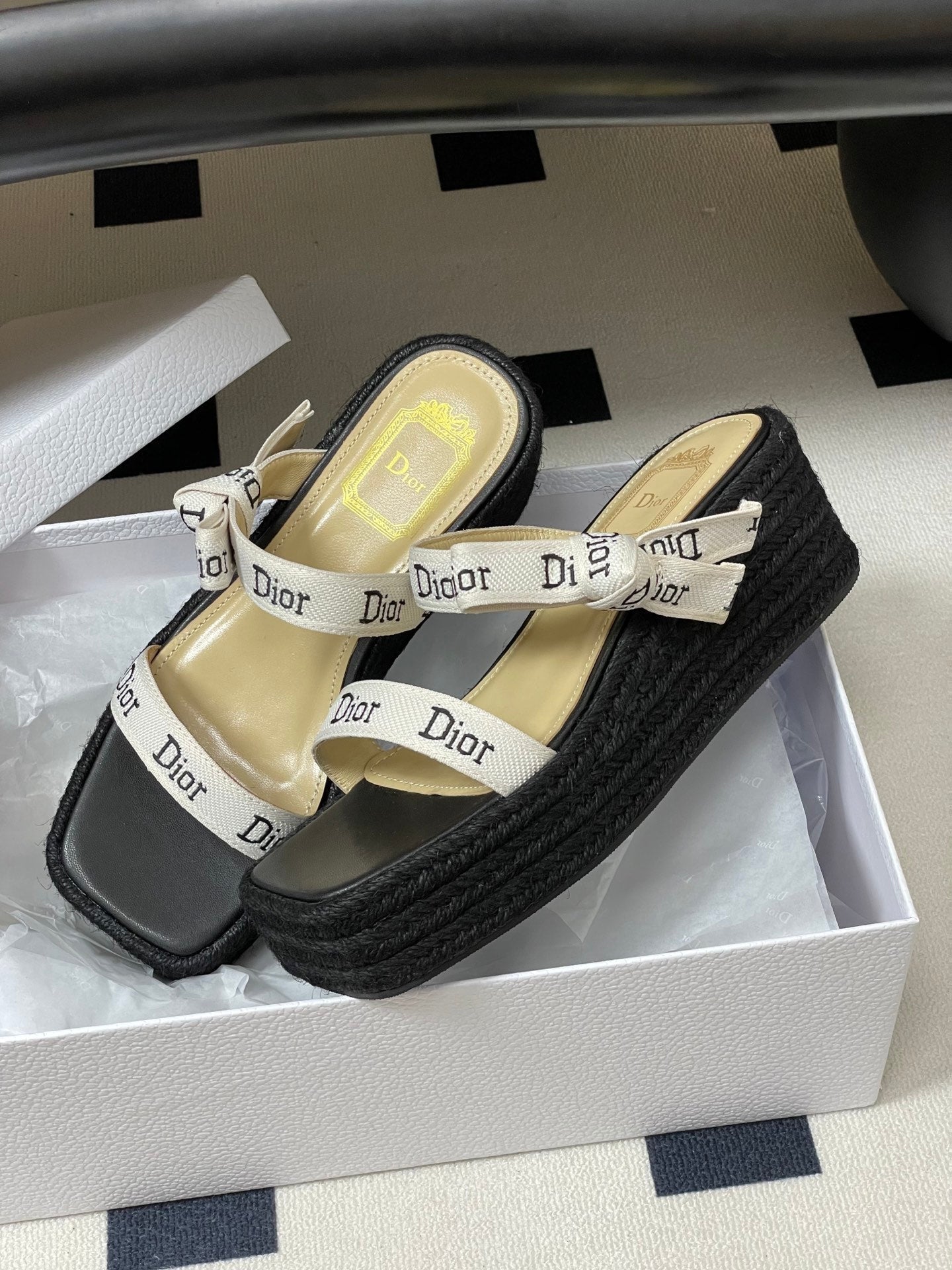 CD J'Adior Wedge Slide Straps Black Beige Leather 834938