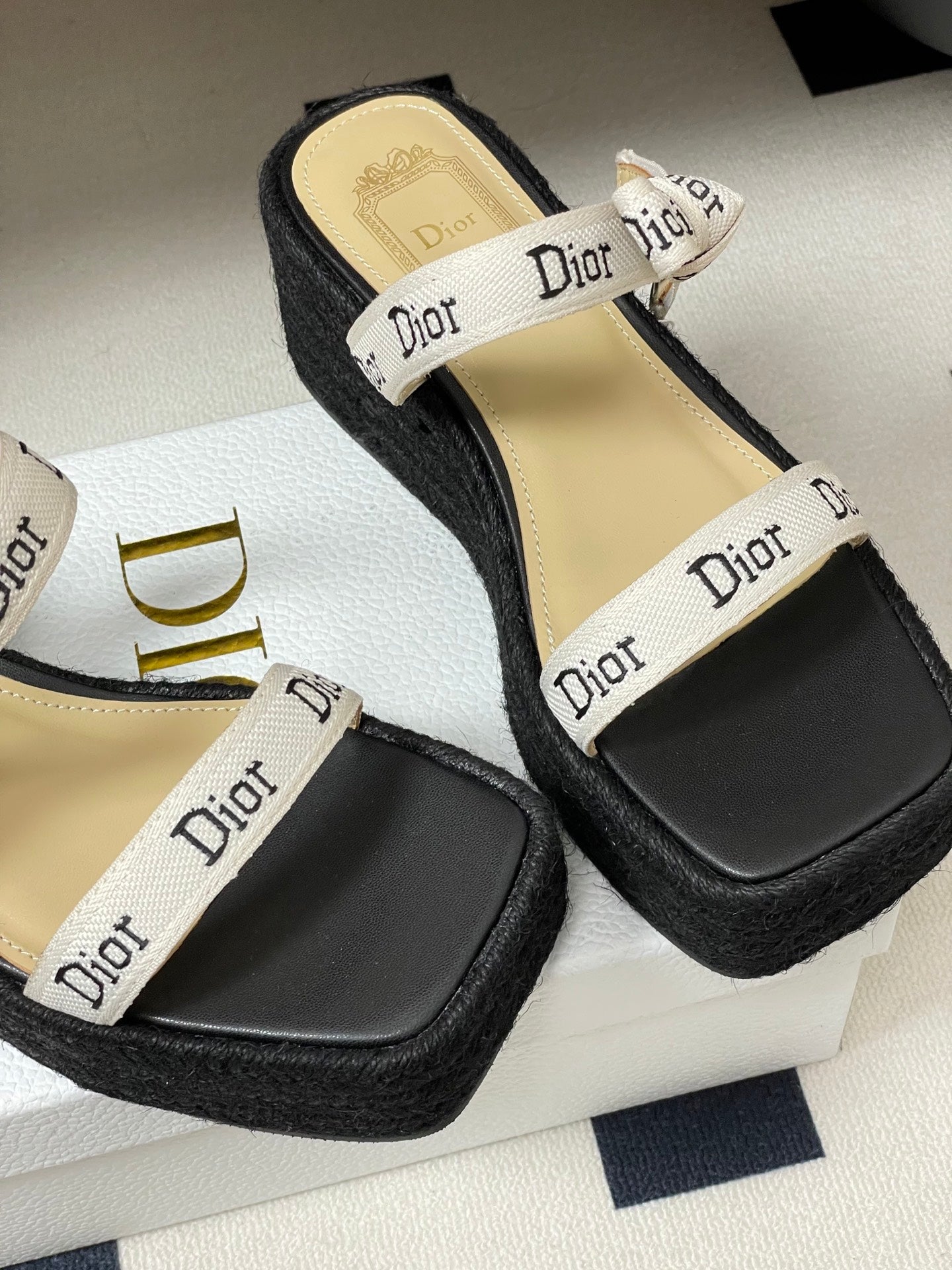 CD J'Adior Wedge Slide Straps Black Beige Leather 834938