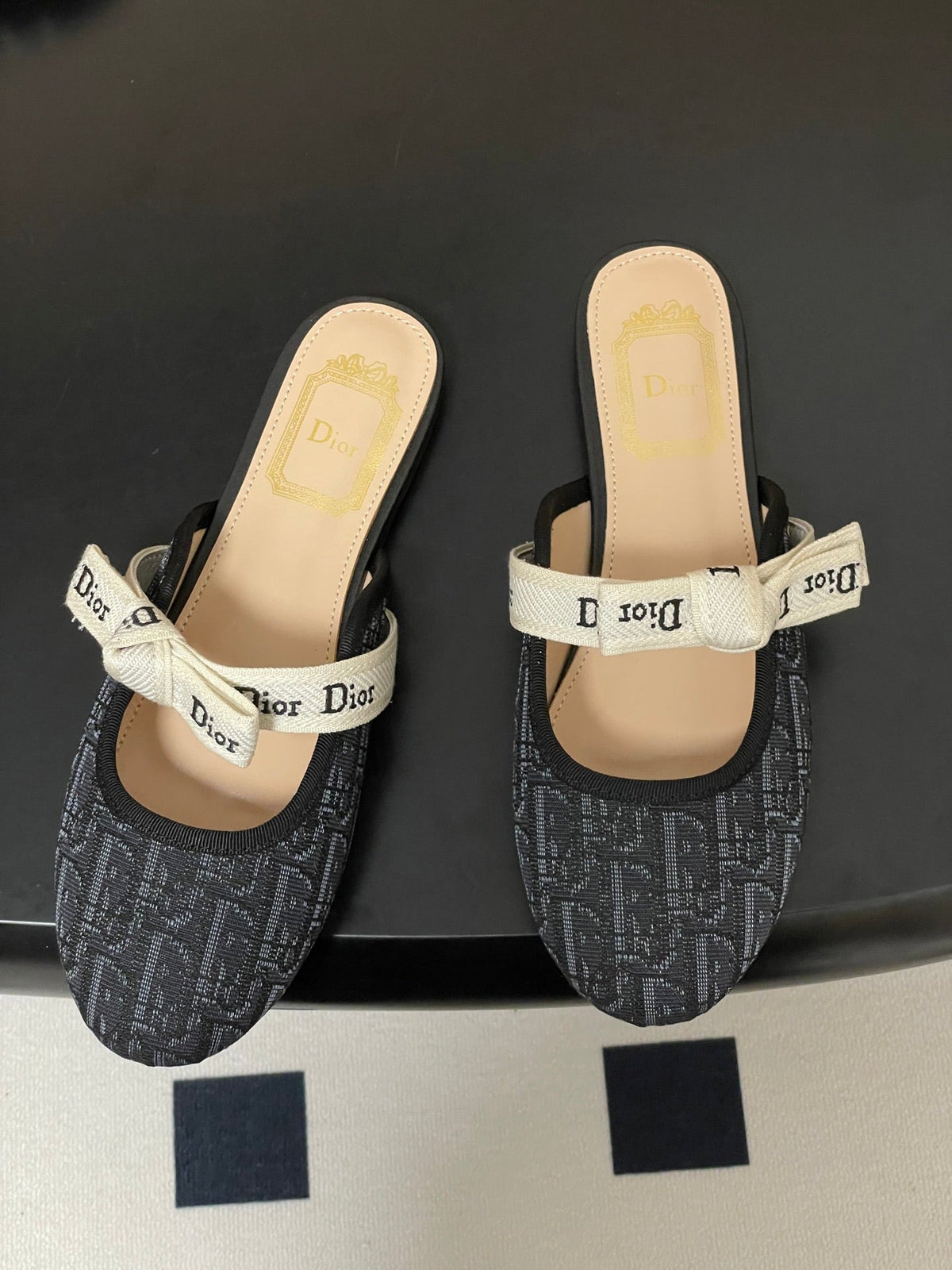 CD J'Adior Mules Navy Blue Beige Leather Cotton 834932