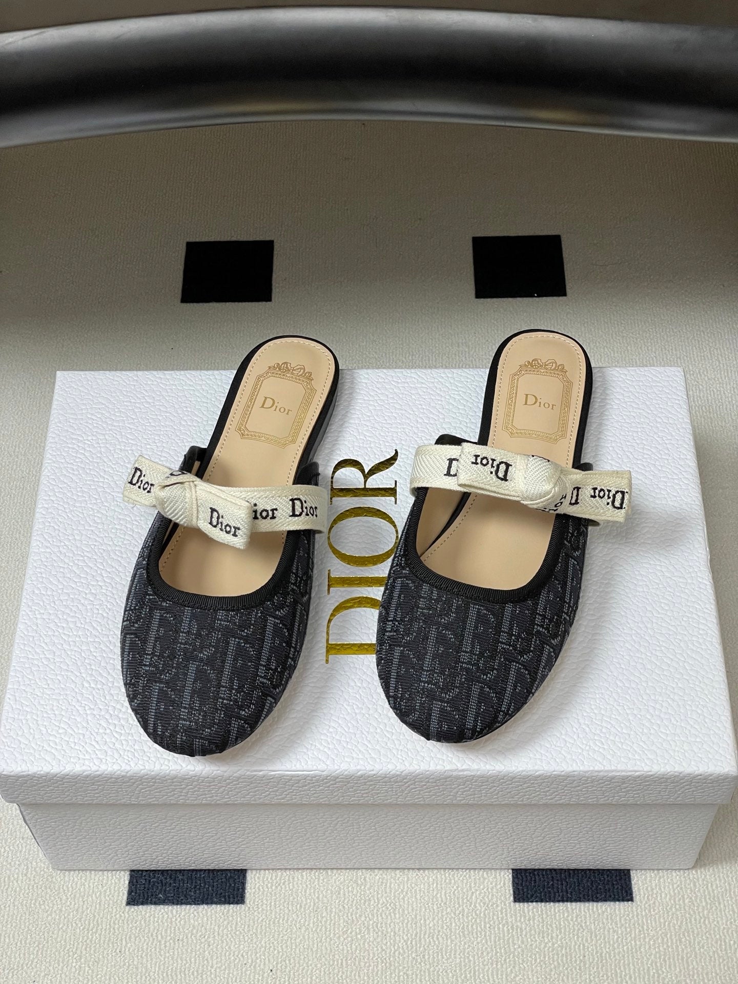 CD J'Adior Mules Navy Blue Beige Leather Cotton 834932