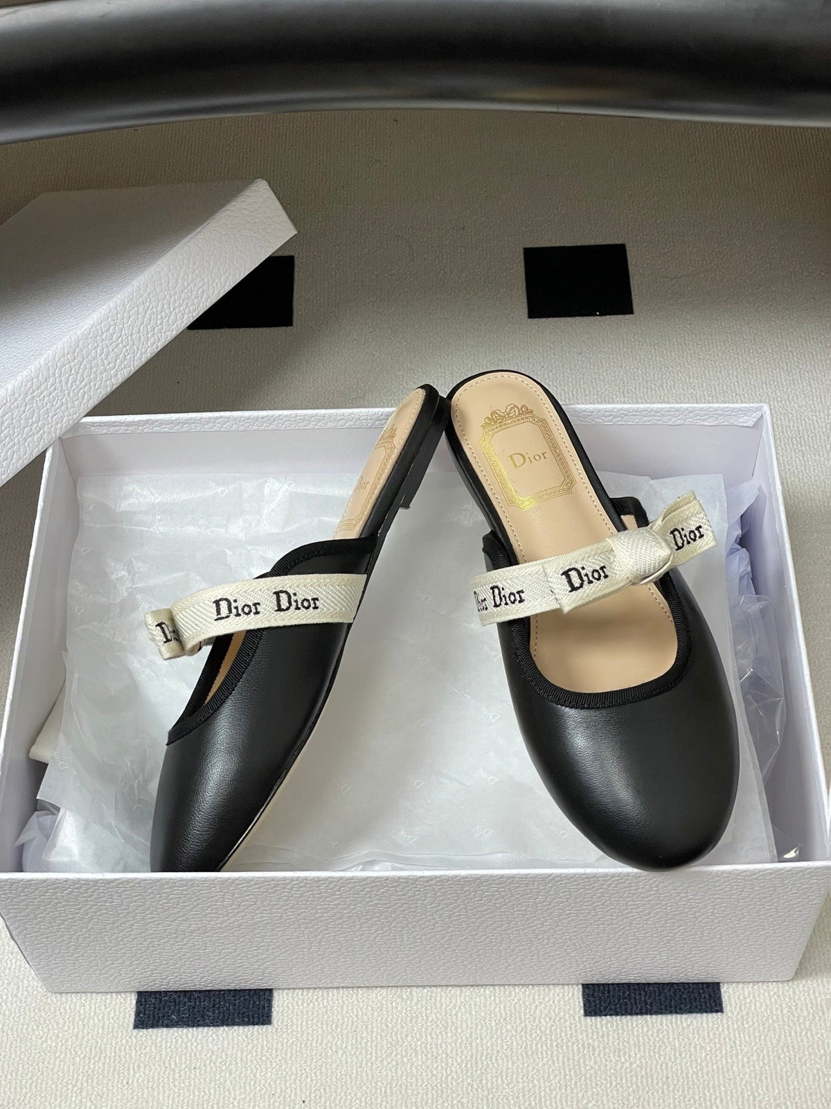 CD J'Adior Mules Black Beige Leather 834936