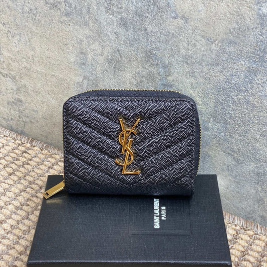 YSL Cassandre Matelassé Compact Zip-Around Wallet Black Caviar Cowhide GHW