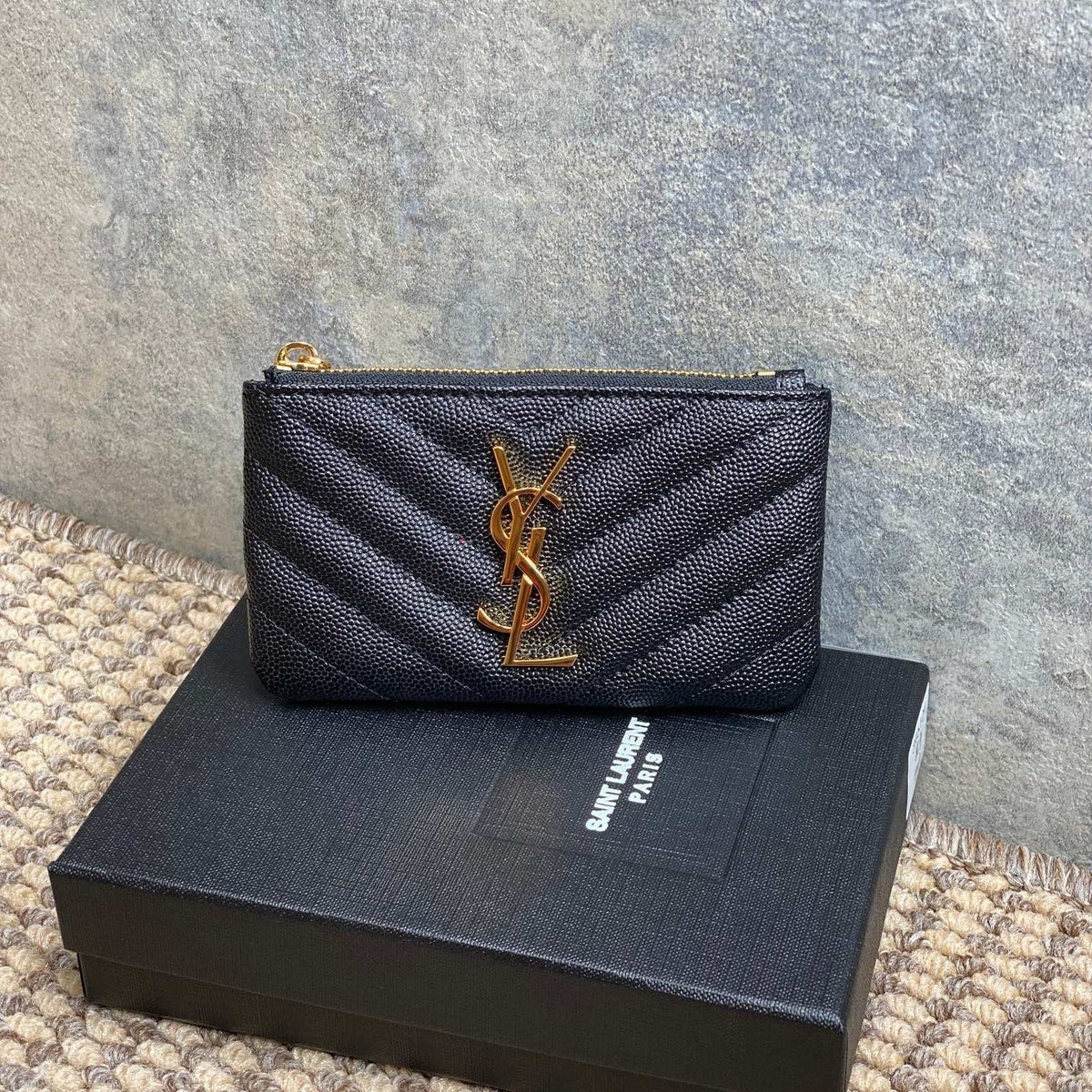 YSL Hook & Chain Zipper Coin Purse Caviar Cowhide GHW