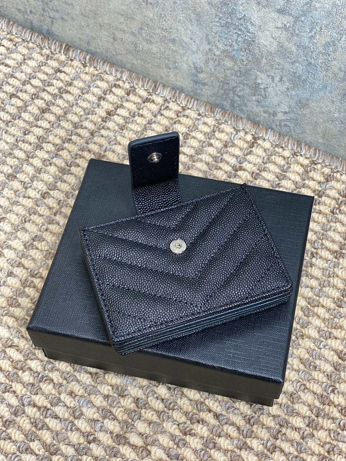 YSL Accordion Card Wallet Black 11cm Caviar Cowhide Sliver HW
