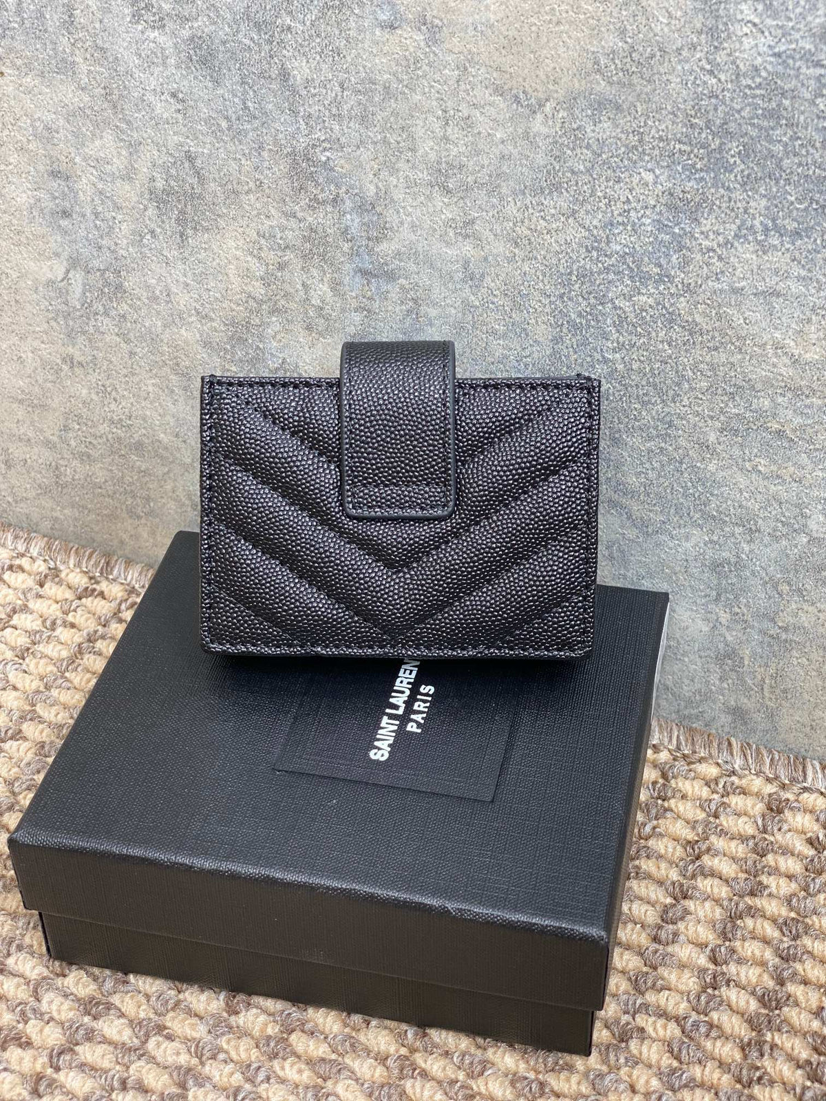 YSL Accordion Card Wallet Black 11cm Caviar Cowhide Sliver HW