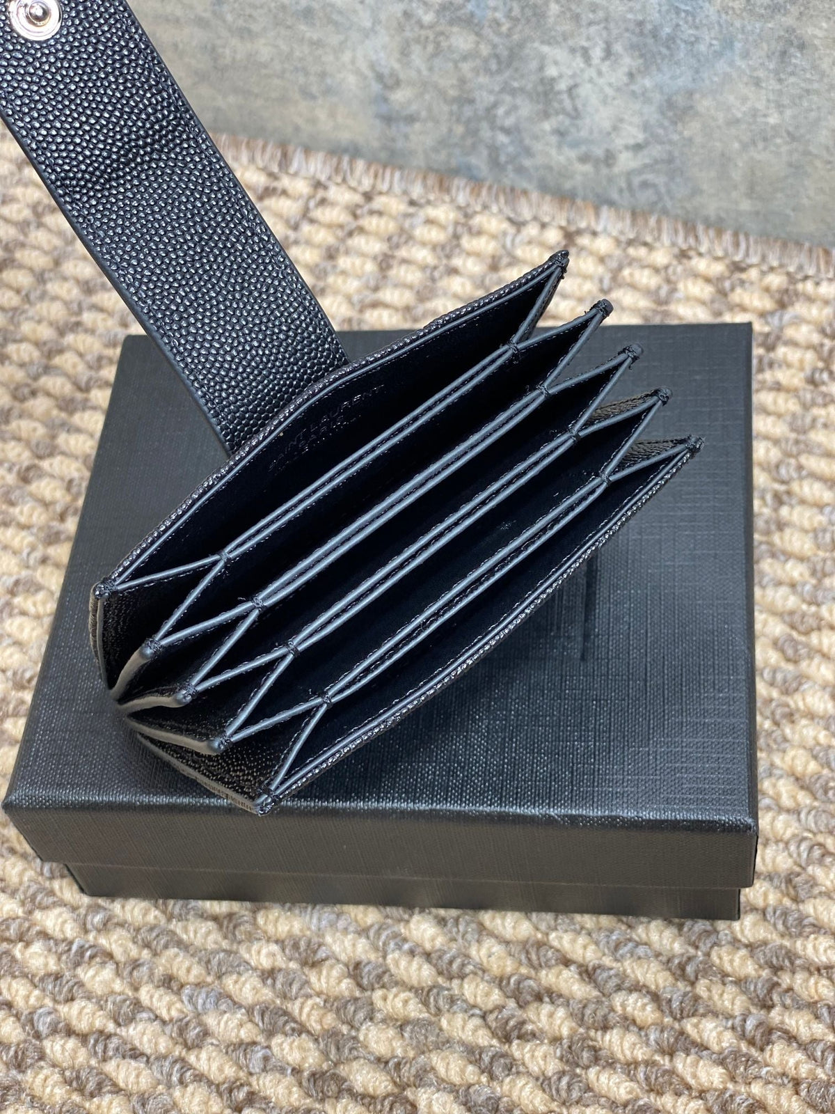 YSL Accordion Card Wallet Black 11cm Caviar Cowhide Sliver HW